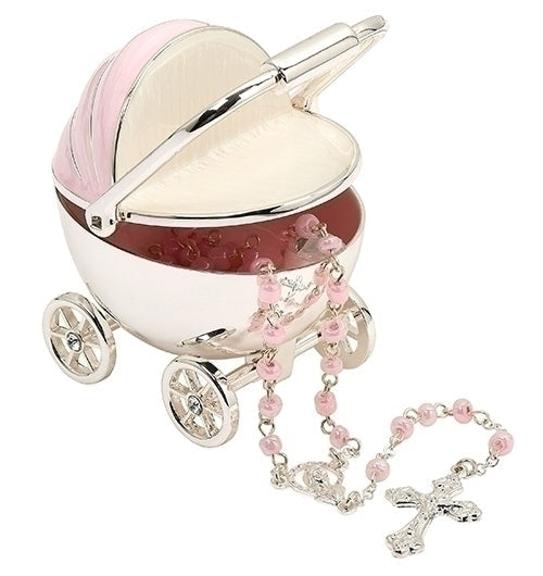 2.75"H PINK CARRIAGE KEEPSAKE BOX + ROSARY