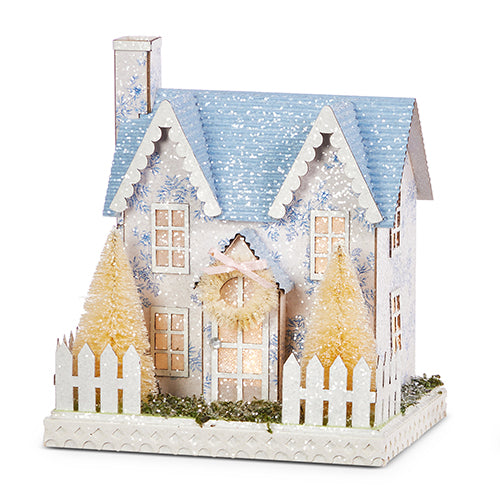 RAZ - 7.5" LIGHTED WHITE WITH BLUE FLORAL HOUSE
