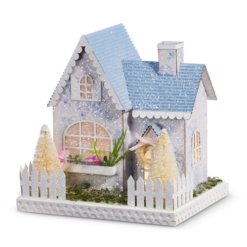 RAZ - 7.75" LIGHTED WHITE WITH BLUE FLORAL HOUSE