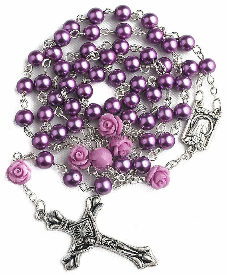 Purple Rosary Necklace With Pearl Beads and Roses