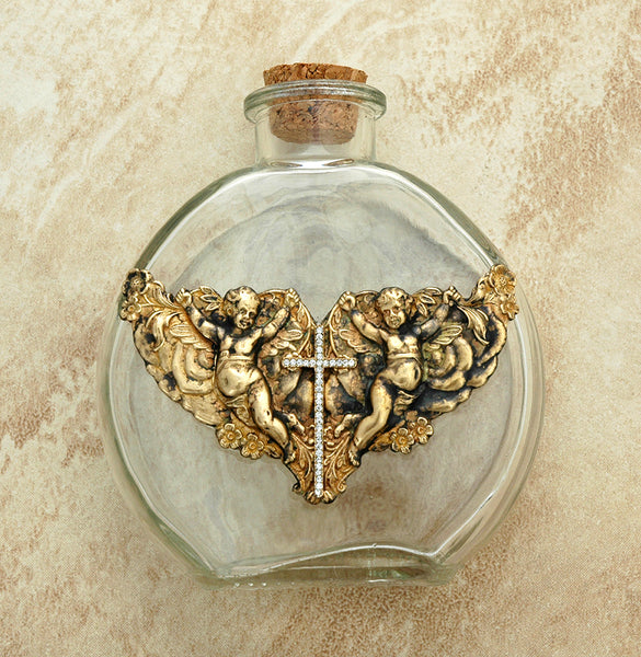 Vintage Style Holy Water Bottle, Angels with Swarovski Crystal Cross