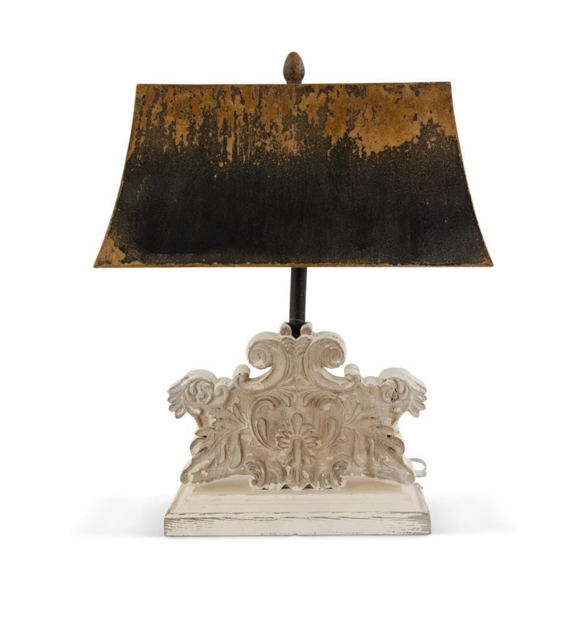 26 INCH DISTRESSED WHITE ORNATE CARVED WOOD LAMP W/METAL RECTANGLE SHADE