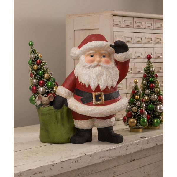 Bethany Lowe - Jolly Waving Santa With Bag Large Paper Mache