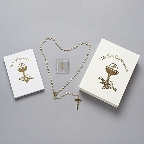 4PC WHITE/GOLD COMMUNION SET FOLDER W/ROSARY, BOOK, PIN