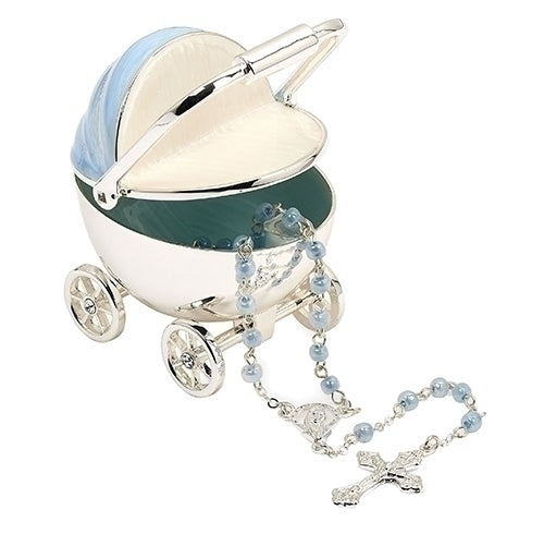 2.75"H BLUE CARRIAGE KEEPSAKE BOX + ROSARY