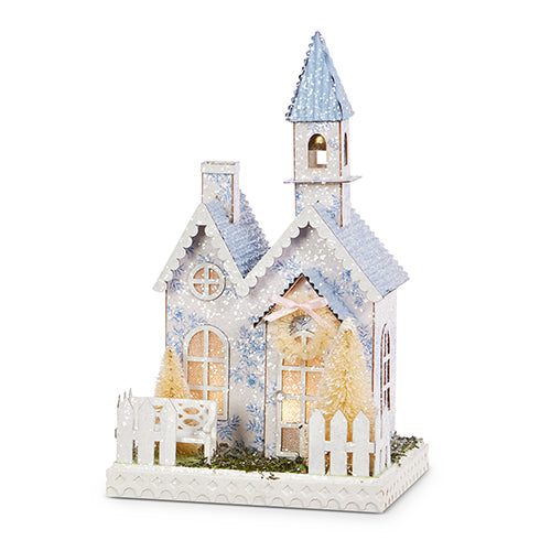 RAZ - 9" LIGHTED WHITE WITH BLUE FLORAL CHURCH
