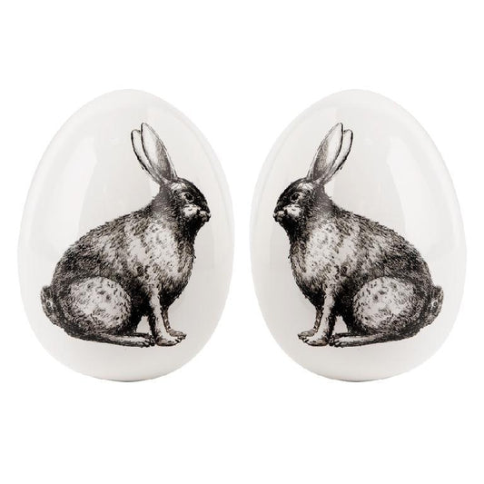 6.5 Inch Assorted White Ceramic Eggs w/Rabbit (Two Styles to Choose from)