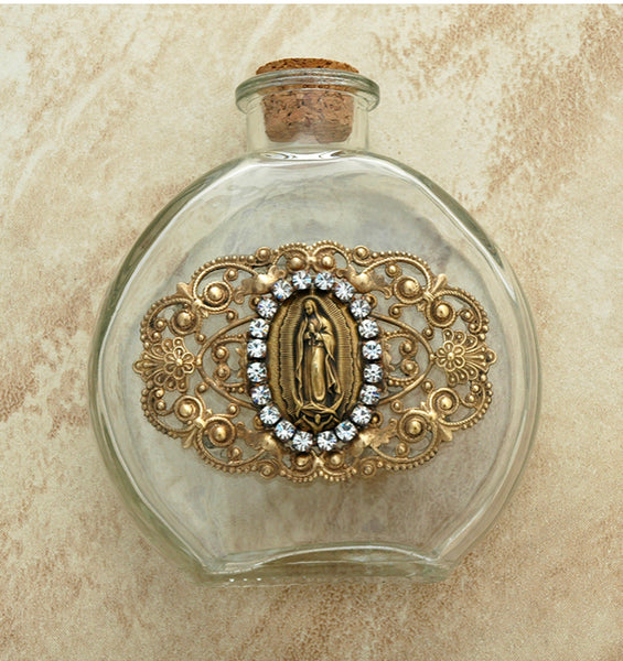 Vintage Style Holy Water Bottle, Guadalupe Medal, Clear Swarovski Crystals