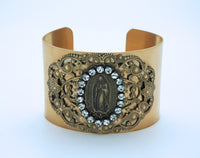 Vintage Style Cuff Bracelet, Guadalupe Medal, Clear Swarovski Crystals