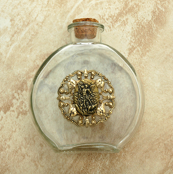 Vintage Style Holy Water Bottle, St. Michael the Archangel Medal - Round