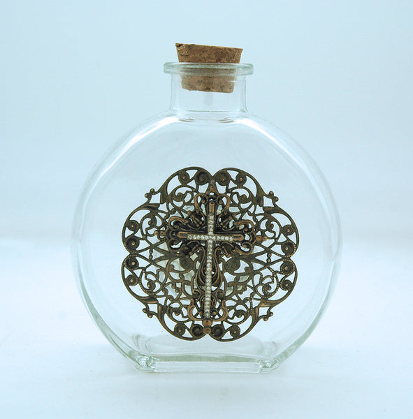Vintage Style Holy Water Bottle, Filigree Cross