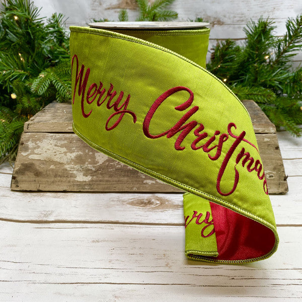 Merry Christmas Joyeux Noel in dark green on 7/8 willow green ribbon