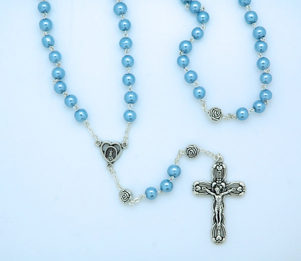 Glass Pearl Rosary from Fatima, Silver Rose Our Father Beads, Blue