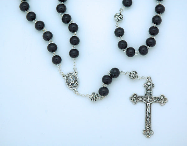 Black Wood Rosary from Fatima, Silver Our Father Beads