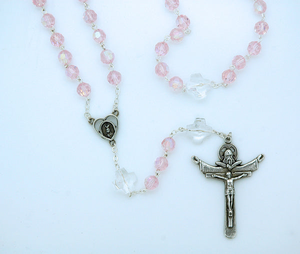 Pink Glass Rosary from Fatima, Crystal Cross Our Father Beads loop