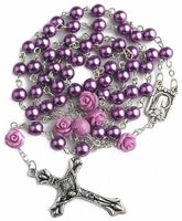 Purple Rosary Necklace With Pearl Beads and Roses