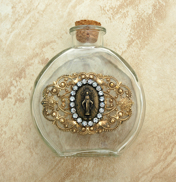 Vintage Style Holy Water Bottle, Miraculous Medal, Clear Swarovski Crystals