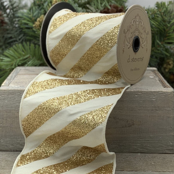 D. Stevens - Cream and Gold Glitter Diagonal Stripe Ribbon – THE