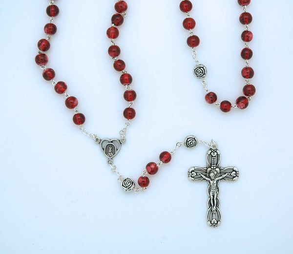 Red Glass Rosary with Rose Our Father Beads from Fatima