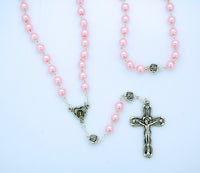 Glass Pearl Rosary from Fatima, Silver Rose Our Father Beads, Pink