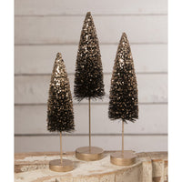 Bethany Lowe - Black Bottle Brush Trees With Gold Glitter Set of 3
