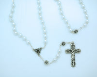 Glass Pearl Rosary from Fatima, Silver Rose Our Father Beads, White