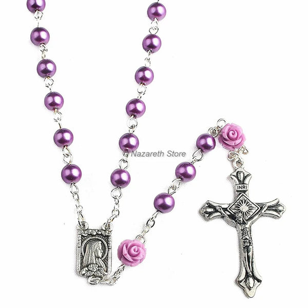 Purple Rosary Necklace With Pearl Beads and Roses