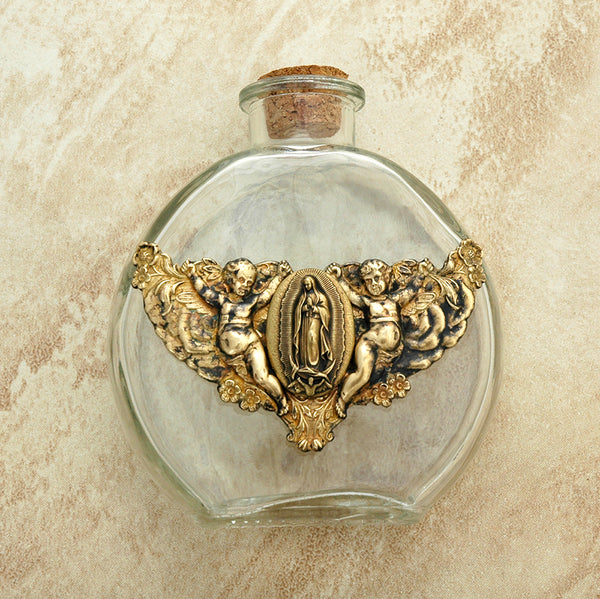 Vintage Style Holy Water Bottle, Angels with Guadalupe Medal