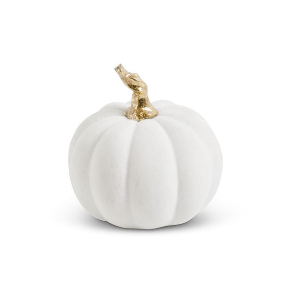 3.5 Inch White Velvet Pumpkin w/Twisted Gold Stem