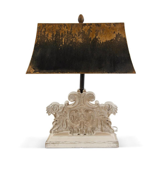 26 INCH DISTRESSED WHITE ORNATE CARVED WOOD LAMP W/METAL RECTANGLE SHADE