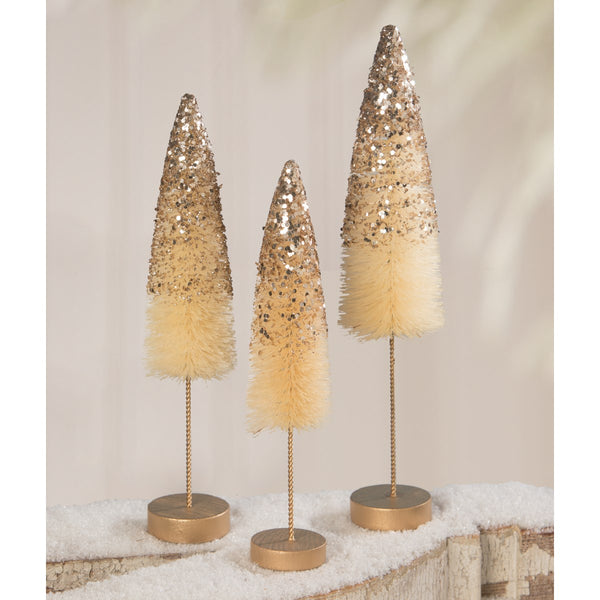 Bethany Lowe - Peaceful Gold Glitter Bottle Brush Trees Set of 3