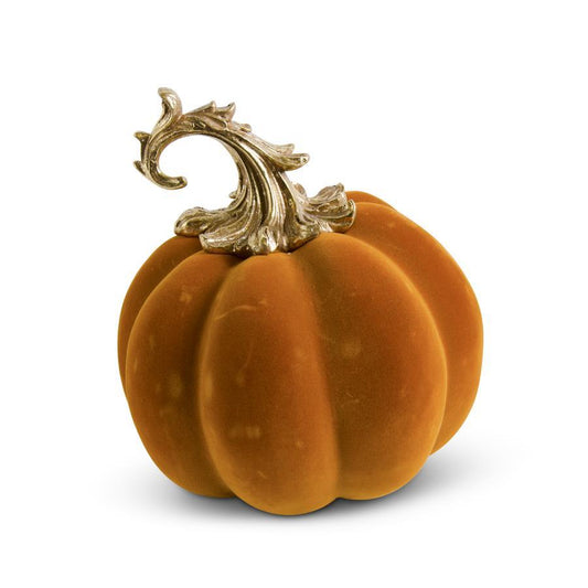 9.5 Inch Orange Velvet Pumpkin w/Gold Filigree Stem