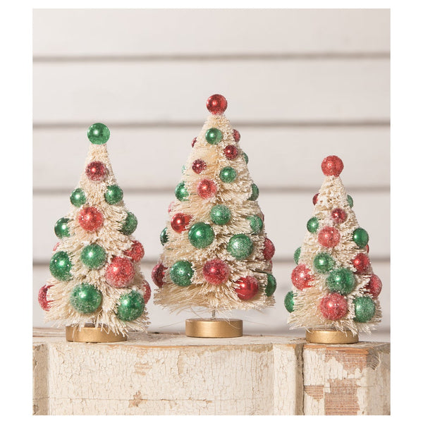 Bethany Lowe - White Bottle Brush Trees with Red and Green Beads Set of 3